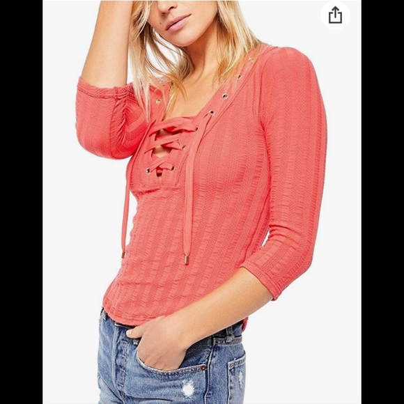 - Free People 'ice Cold Lace Up' Grommet Ribbed Top - Picture 1 of 10